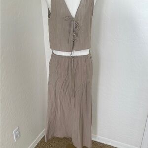 Zara Tan Vest with ties & Maxi Skirt Set crinkle fabric